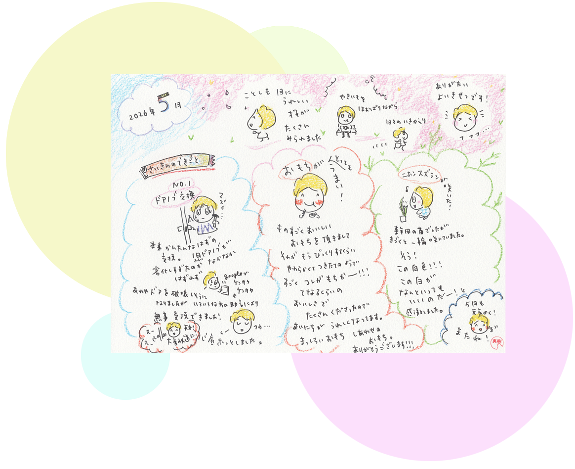 2026年5月のSPACEです。
今年も目にうれしい桜がたくさんみられました。ありがたい良い季節です！
最近の出来事。
ドアノブを交換しました！
おもちがとってもうまいです！
ニホンスズランが咲きました！
5月もどうぞ元気よく。またね。
若林真樹